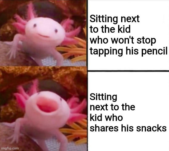 axolotl drake | Sitting next to the kid who won't stop tapping his pencil; Sitting next to the kid who shares his snacks | image tagged in axolotl drake | made w/ Imgflip meme maker