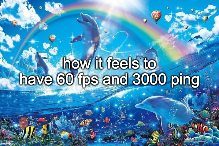 average when the gameplay | how it feels to have 60 fps and 3000 ping | image tagged in happy dolphin rainbow | made w/ Imgflip meme maker