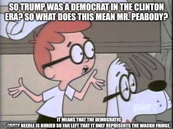 Way Back When | SO TRUMP WAS A DEMOCRAT IN THE CLINTON ERA? SO WHAT DOES THIS MEAN MR. PEABODY? IT MEANS THAT THE DEMOCRATIC PARTY NEEDLE IS BURIED SO FAR L | image tagged in sherman and peabody | made w/ Imgflip meme maker