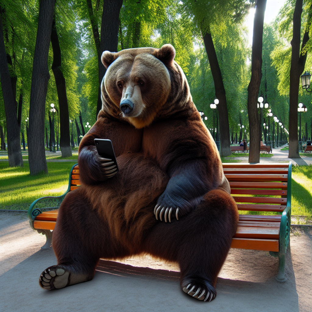 a bear sitting on a park bench looking at his cell phone Blank Meme Template