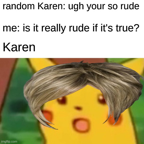 Remember it's not rude if it's a fact | random Karen: ugh your so rude; me: is it really rude if it's true? Karen | image tagged in memes,surprised pikachu | made w/ Imgflip meme maker