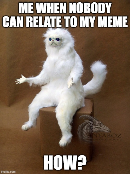 HOW | ME WHEN NOBODY CAN RELATE TO MY MEME; HOW? | image tagged in memes,persian cat room guardian single,funny memes,what,funny | made w/ Imgflip meme maker