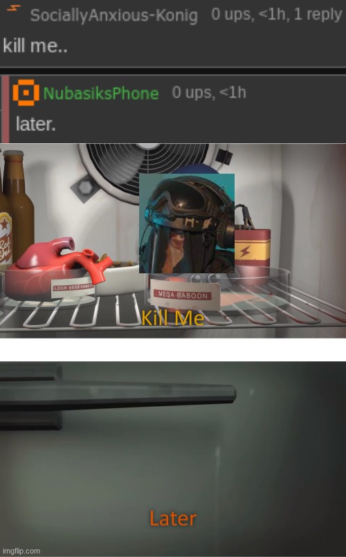image tagged in kill me later | made w/ Imgflip meme maker