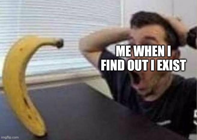 Guy shocked at banana | ME WHEN I FIND OUT I EXIST | image tagged in guy shocked at banana | made w/ Imgflip meme maker