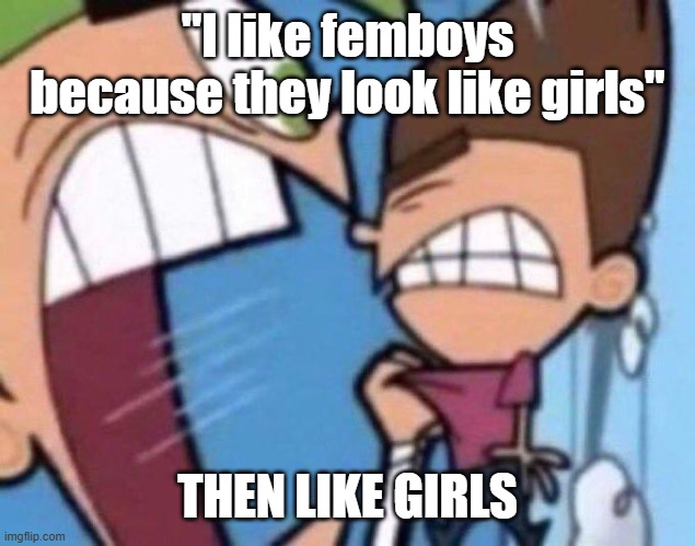 Cosmo yelling at timmy | "I like femboys because they look like girls"; THEN LIKE GIRLS | image tagged in cosmo yelling at timmy | made w/ Imgflip meme maker