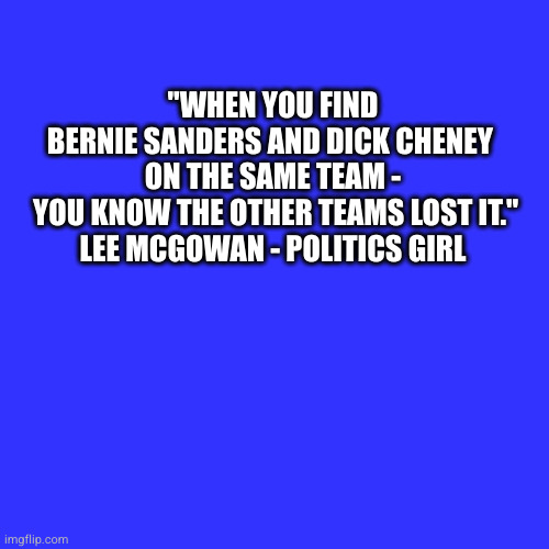 US 2024 elections | "WHEN YOU FIND BERNIE SANDERS AND DICK CHENEY 
ON THE SAME TEAM -
 YOU KNOW THE OTHER TEAMS LOST IT."
LEE MCGOWAN - POLITICS GIRL | made w/ Imgflip meme maker