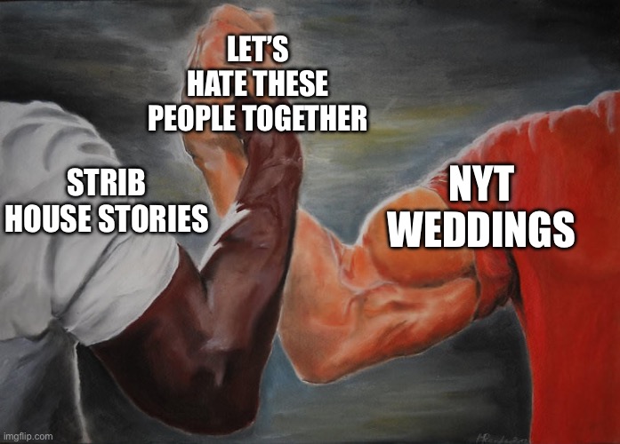 Holding hands | LET’S HATE THESE PEOPLE TOGETHER; NYT WEDDINGS; STRIB HOUSE STORIES | image tagged in holding hands | made w/ Imgflip meme maker