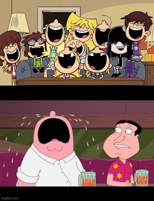 Loud sisters laugh at Peter Griffin | image tagged in the loud house,nickelodeon,lori loud,laughing,peter griffin,family guy | made w/ Imgflip meme maker