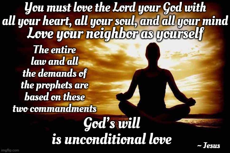 What He Said | You must love the Lord your God with all your heart, all your soul, and all your mind; Love your neighbor as yourself; The entire law and all the demands of the prophets are based on these two commandments; God’s will
is unconditional love; ~ Jesus | image tagged in jesus says,jesus said,word of jesus,they hated jesus because he told them the truth,memes | made w/ Imgflip meme maker