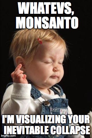 Whatevs, Monsanto | WHATEVS, MONSANTO I'M VISUALIZING YOUR INEVITABLE COLLAPSE | image tagged in midfinger toddler,monsanto,buddhism,zen,citizen's united,corporation | made w/ Imgflip meme maker