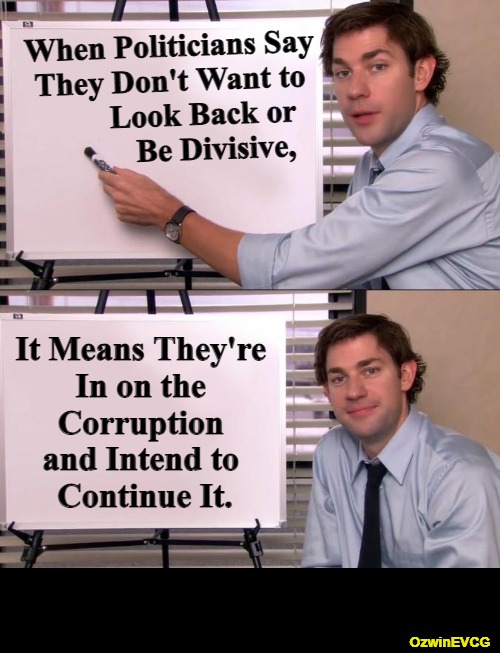 Americans Want Systems That Separate Criminals from Innocents. | When Politicians Say 

They Don't Want to 

        Look Back or 

           Be Divisive, It Means They're 

In on the 

Corruption 

and Intend to 

Continue It. OzwinEVCG | image tagged in jim halpert explains,political,language,government corruption,lost in translation,revealed in precision | made w/ Imgflip meme maker