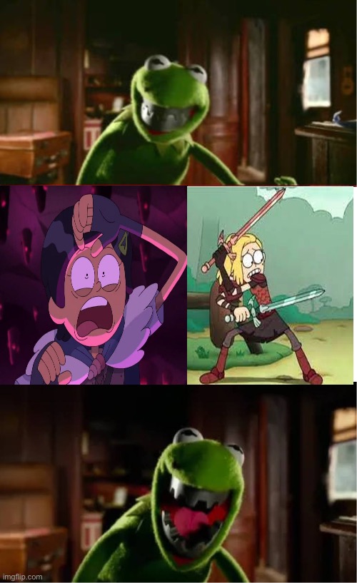 Constantine the Frog scares Sasha and Marcy | image tagged in constanine the frog scares who,muppets,amphibia | made w/ Imgflip meme maker