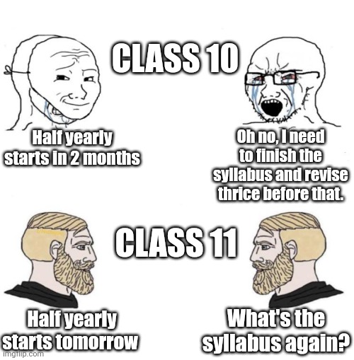 Class 10 & 11 exam preparation | CLASS 10; Oh no, I need to finish the syllabus and revise thrice before that. Half yearly starts in 2 months; CLASS 11; Half yearly starts tomorrow; What's the syllabus again? | image tagged in chad we know | made w/ Imgflip meme maker