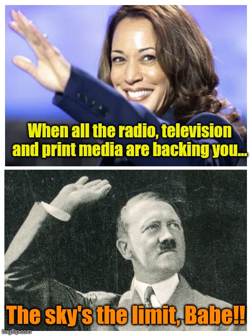 HEIL, (6 letters, begins with H) | When all the radio, television and print media are backing you... The sky's the limit, Babe!! | made w/ Imgflip meme maker