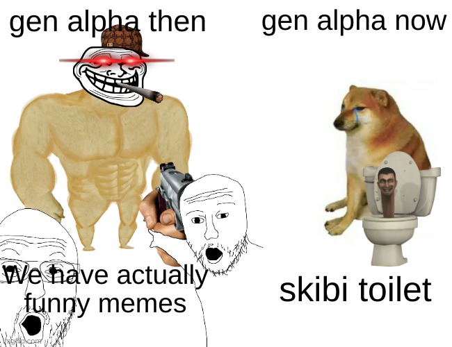 Buff Doge vs. Cheems Meme | gen alpha then; gen alpha now; We have actually funny memes; skibi toilet | image tagged in memes,buff doge vs cheems | made w/ Imgflip meme maker