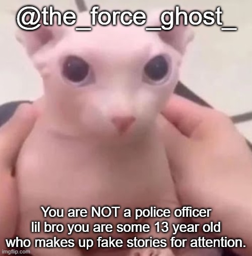 Bingus | @the_force_ghost_; You are NOT a police officer lil bro you are some 13 year old who makes up fake stories for attention. | image tagged in bingus | made w/ Imgflip meme maker