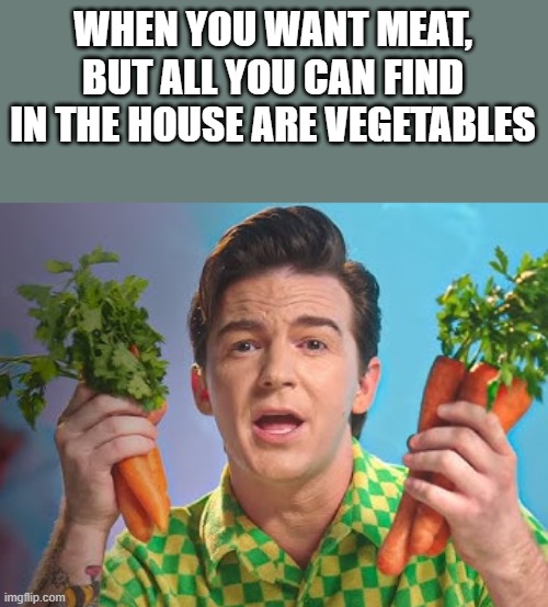 When You Want Meat... | WHEN YOU WANT MEAT, BUT ALL YOU CAN FIND IN THE HOUSE ARE VEGETABLES | image tagged in meat,vegetables,drake bell,funny,memes,drake bell by the ocean | made w/ Imgflip meme maker