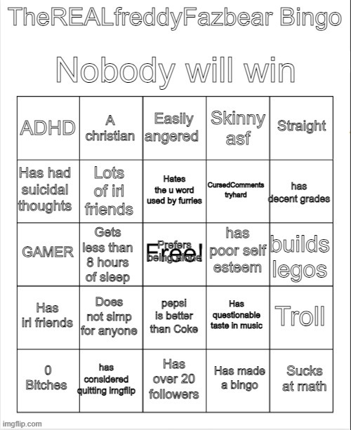 TheREALFreddyFazbear's bingo | image tagged in therealfreddyfazbear's bingo | made w/ Imgflip meme maker