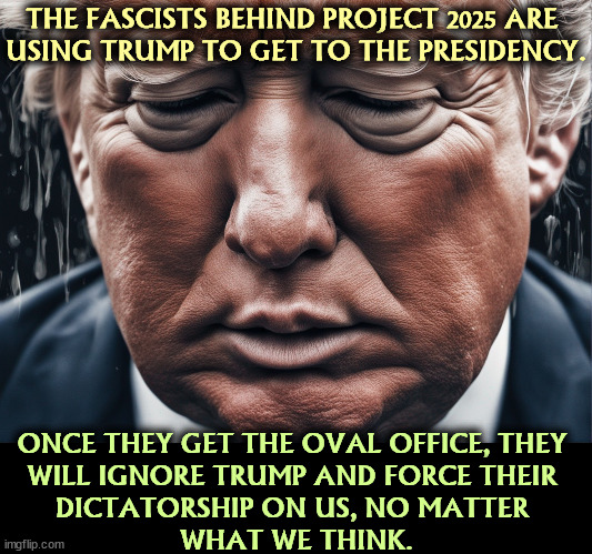 THE FASCISTS BEHIND PROJECT 2025 ARE 
USING TRUMP TO GET TO THE PRESIDENCY. ONCE THEY GET THE OVAL OFFICE, THEY 
WILL IGNORE TRUMP AND FORCE THEIR 
DICTATORSHIP ON US, NO MATTER 
WHAT WE THINK. | image tagged in white supremacists,project 2025,trump,power,fascist,dictator | made w/ Imgflip meme maker