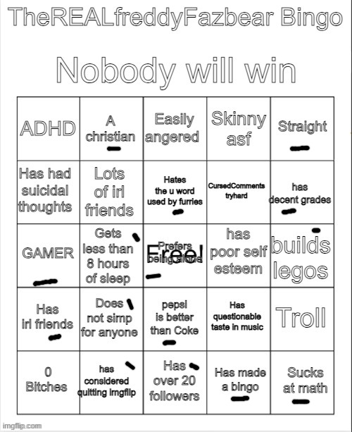 TheREALFreddyFazbear's bingo | image tagged in therealfreddyfazbear's bingo | made w/ Imgflip meme maker