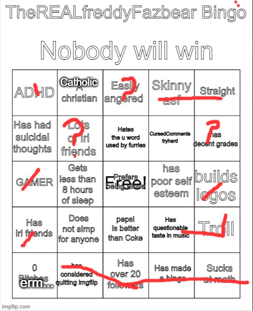 TheREALFreddyFazbear's bingo | Catholic; erm... | image tagged in therealfreddyfazbear's bingo | made w/ Imgflip meme maker