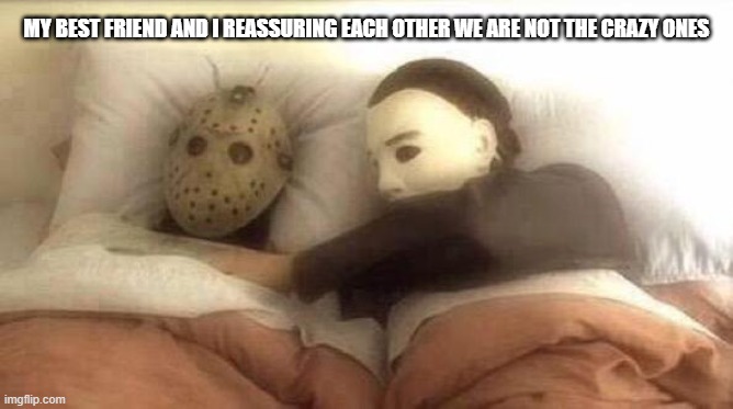 1 | MY BEST FRIEND AND I REASSURING EACH OTHER WE ARE NOT THE CRAZY ONES | image tagged in slasher love - mike jason - friday 13th halloween | made w/ Imgflip meme maker