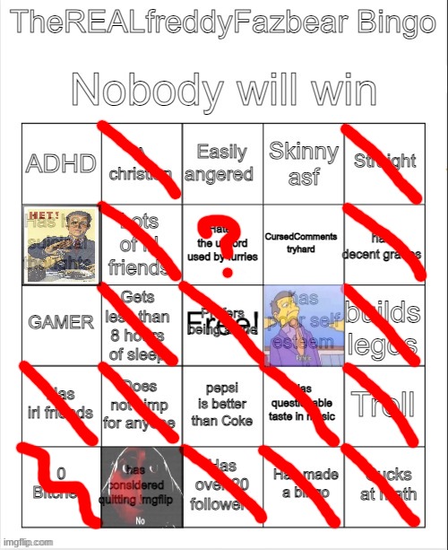 TheREALFreddyFazbear's bingo | image tagged in therealfreddyfazbear's bingo | made w/ Imgflip meme maker