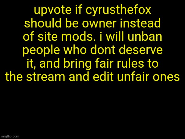 idk just yk maybe andrew will see this - ill also not give ppl like pottingshedpete mod | upvote if cyrusthefox should be owner instead of site mods. i will unban people who dont deserve it, and bring fair rules to the stream and edit unfair ones | made w/ Imgflip meme maker