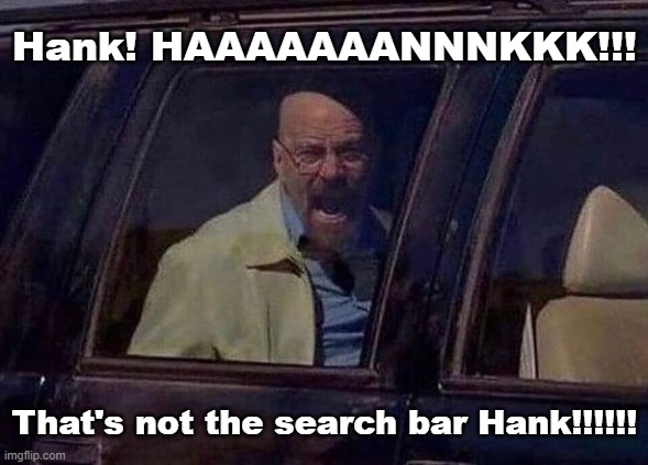 Walter White Screaming At Hank | Hank! HAAAAAAANNNKKK!!! That's not the search bar Hank!!!!!! | image tagged in walter white screaming at hank | made w/ Imgflip meme maker