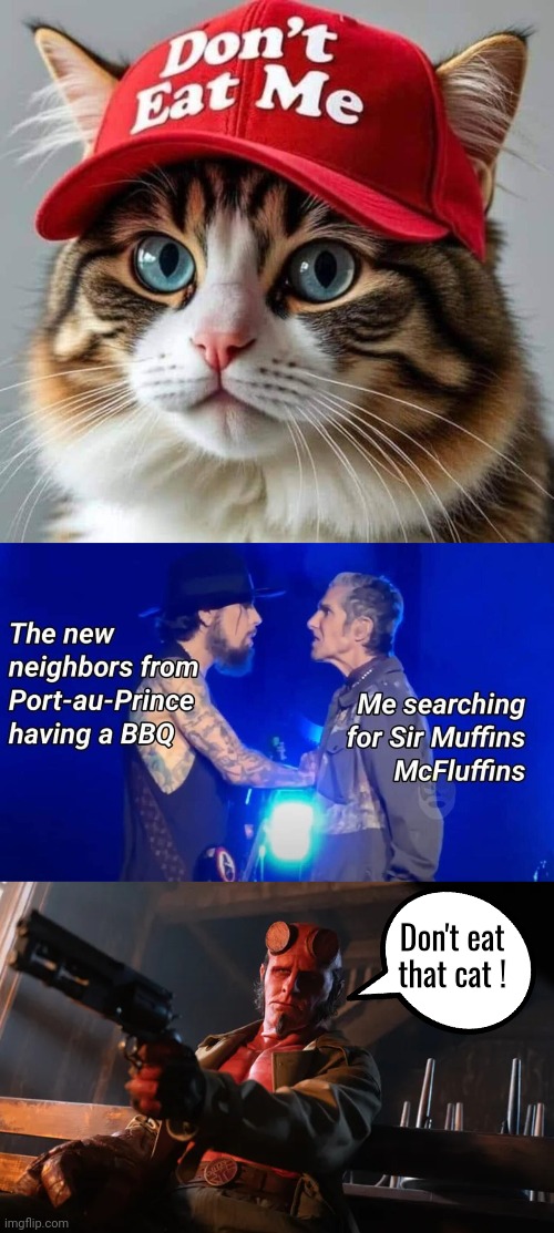 Hellboy rescues cat | Don't eat that cat ! | image tagged in cat,hellboy,animal rescue | made w/ Imgflip meme maker