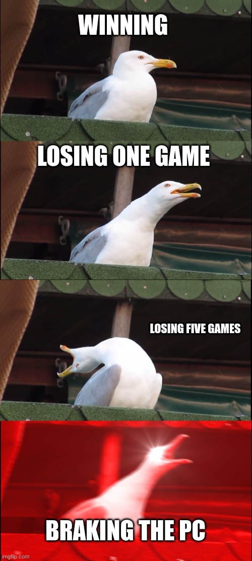 Inhaling Seagull | WINNING; LOSING ONE GAME; LOSING FIVE GAMES; BRAKING THE PC | image tagged in memes,inhaling seagull | made w/ Imgflip meme maker