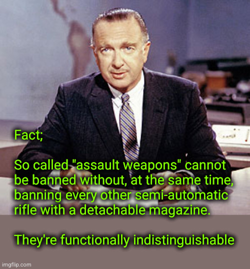 So called "assault weapons" cannot be banned without, at the same time ... | Fact; 
 
So called "assault weapons" cannot
be banned without, at the same time,
banning every other semi-automatic
rifle with a detachable magazine.
 
They're functionally indistinguishable | image tagged in walter cronkite,assault weapons ban,second amendment | made w/ Imgflip meme maker