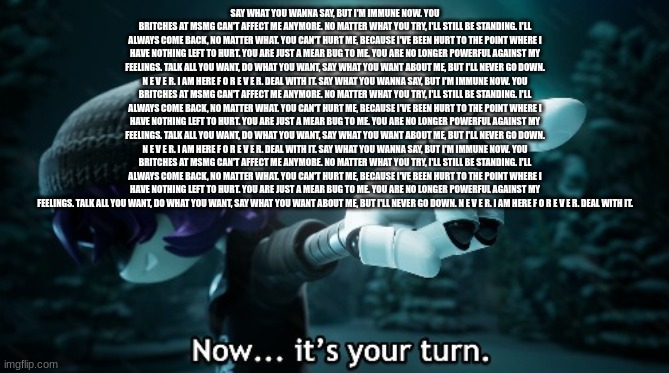 Now... it's your turn. | SAY WHAT YOU WANNA SAY, BUT I'M IMMUNE NOW. YOU BRITCHES AT MSMG CAN'T AFFECT ME ANYMORE. NO MATTER WHAT YOU TRY, I'LL STILL BE STANDING. I'LL ALWAYS COME BACK, NO MATTER WHAT. YOU CAN'T HURT ME, BECAUSE I'VE BEEN HURT TO THE POINT WHERE I HAVE NOTHING LEFT TO HURT. YOU ARE JUST A MEAR BUG TO ME. YOU ARE NO LONGER POWERFUL AGAINST MY FEELINGS. TALK ALL YOU WANT, DO WHAT YOU WANT, SAY WHAT YOU WANT ABOUT ME, BUT I'LL NEVER GO DOWN. N E V E R. I AM HERE F O R E V E R. DEAL WITH IT. SAY WHAT YOU WANNA SAY, BUT I'M IMMUNE NOW. YOU BRITCHES AT MSMG CAN'T AFFECT ME ANYMORE. NO MATTER WHAT YOU TRY, I'LL STILL BE STANDING. I'LL ALWAYS COME BACK, NO MATTER WHAT. YOU CAN'T HURT ME, BECAUSE I'VE BEEN HURT TO THE POINT WHERE I HAVE NOTHING LEFT TO HURT. YOU ARE JUST A MEAR BUG TO ME. YOU ARE NO LONGER POWERFUL AGAINST MY FEELINGS. TALK ALL YOU WANT, DO WHAT YOU WANT, SAY WHAT YOU WANT ABOUT ME, BUT I'LL NEVER GO DOWN. N E V E R. I AM HERE F O R E V E R. DEAL WITH IT. SAY WHAT YOU WANNA SAY, BUT I'M IMMUNE NOW. YOU BRITCHES AT MSMG CAN'T AFFECT ME ANYMORE. NO MATTER WHAT YOU TRY, I'LL STILL BE STANDING. I'LL ALWAYS COME BACK, NO MATTER WHAT. YOU CAN'T HURT ME, BECAUSE I'VE BEEN HURT TO THE POINT WHERE I HAVE NOTHING LEFT TO HURT. YOU ARE JUST A MEAR BUG TO ME. YOU ARE NO LONGER POWERFUL AGAINST MY FEELINGS. TALK ALL YOU WANT, DO WHAT YOU WANT, SAY WHAT YOU WANT ABOUT ME, BUT I'LL NEVER GO DOWN. N E V E R. I AM HERE F O R E V E R. DEAL WITH IT. | image tagged in now it's your turn | made w/ Imgflip meme maker