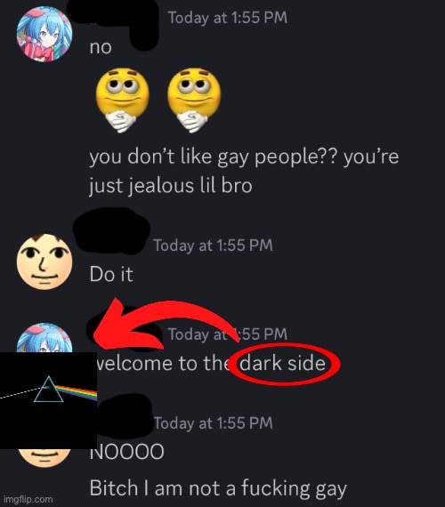 real (usernames censored because the dude with the mii pfp is a homophobic) | made w/ Imgflip meme maker