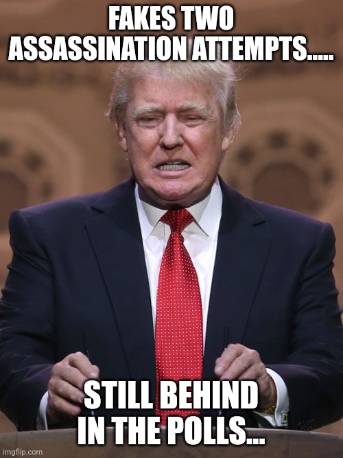 Faildnald failing | FAKES TWO ASSASSINATION ATTEMPTS..... STILL BEHIND IN THE POLLS... | image tagged in donald trump,trump,kamala harris,presidential election,conservative,maga | made w/ Imgflip meme maker