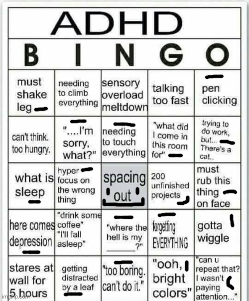 God d*mn, seems I don't need to see someone to get it diagnosed | image tagged in adhd bingo | made w/ Imgflip meme maker