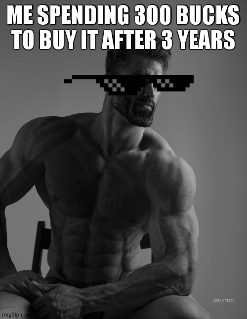 Giga Chad | ME SPENDING 300 BUCKS TO BUY IT AFTER 3 YEARS | image tagged in giga chad | made w/ Imgflip meme maker