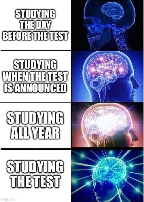 School meme | STUDYING THE DAY BEFORE THE TEST; STUDYING WHEN THE TEST IS ANNOUNCED; STUDYING ALL YEAR; STUDYING THE TEST | image tagged in memes,expanding brain | made w/ Imgflip meme maker