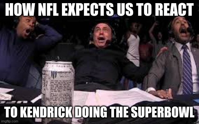 Everyone's "reaction" to Kendrick Lamar at the Superbowl. | HOW NFL EXPECTS US TO REACT; TO KENDRICK DOING THE SUPERBOWL | image tagged in joe rogan reacting to ufc | made w/ Imgflip meme maker