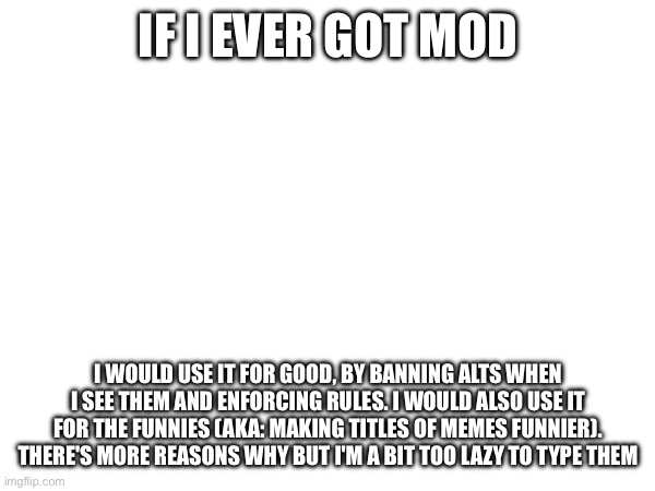 So, owners of MSMG. What's the call? | IF I EVER GOT MOD; I WOULD USE IT FOR GOOD, BY BANNING ALTS WHEN I SEE THEM AND ENFORCING RULES. I WOULD ALSO USE IT FOR THE FUNNIES (AKA: MAKING TITLES OF MEMES FUNNIER). THERE'S MORE REASONS WHY BUT I'M A BIT TOO LAZY TO TYPE THEM | made w/ Imgflip meme maker