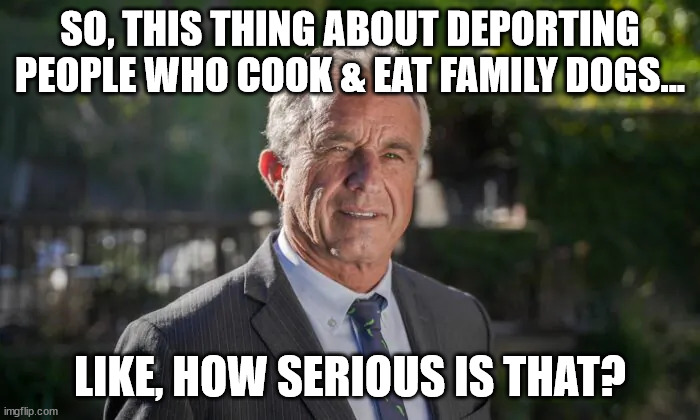 Robert F. Kennedy, Jr. | SO, THIS THING ABOUT DEPORTING PEOPLE WHO COOK & EAT FAMILY DOGS... LIKE, HOW SERIOUS IS THAT? | image tagged in robert f kennedy jr | made w/ Imgflip meme maker