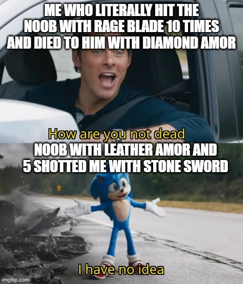 Sonic I have no idea | ME WHO LITERALLY HIT THE NOOB WITH RAGE BLADE 10 TIMES AND DIED TO HIM WITH DIAMOND AMOR; NOOB WITH LEATHER AMOR AND 5 SHOTTED ME WITH STONE SWORD | image tagged in sonic i have no idea | made w/ Imgflip meme maker