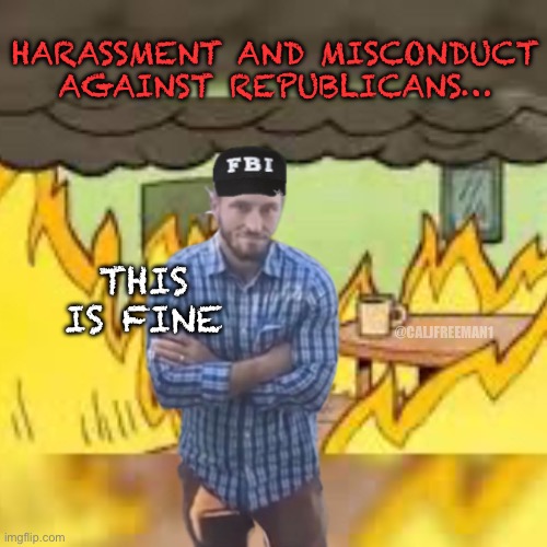 HARASSMENT AND MISCONDUCT AGAINST REPUBLICANS…; THIS IS FINE; @CALJFREEMAN1 | image tagged in fbi,maga,donald trump,why is the fbi here,kamala harris,joe biden | made w/ Imgflip meme maker