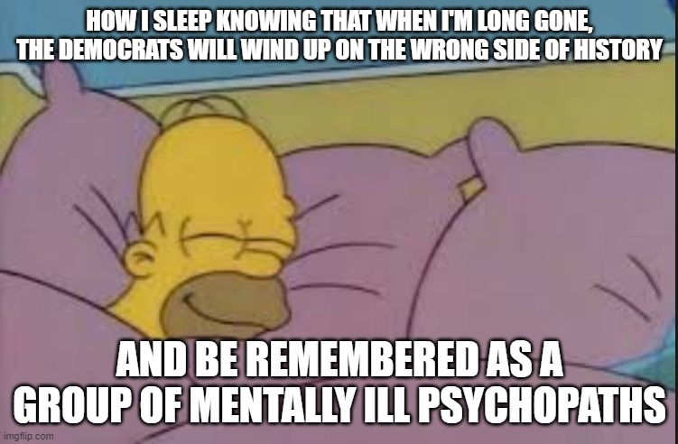 Mmm, good sleep | HOW I SLEEP KNOWING THAT WHEN I'M LONG GONE, THE DEMOCRATS WILL WIND UP ON THE WRONG SIDE OF HISTORY; AND BE REMEMBERED AS A GROUP OF MENTALLY ILL PSYCHOPATHS | image tagged in how i sleep homer simpson,memes | made w/ Imgflip meme maker