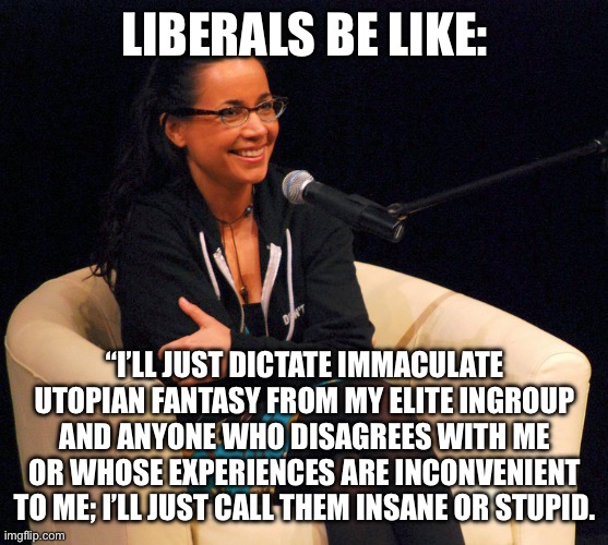 LIBERALS BE LIKE:; “I’LL JUST DICTATE IMMACULATE UTOPIAN FANTASY FROM MY ELITE INGROUP AND ANYONE WHO DISAGREES WITH ME OR WHOSE EXPERIENCES ARE INCONVENIENT TO ME; I’LL JUST CALL THEM INSANE OR STUPID. | made w/ Imgflip meme maker