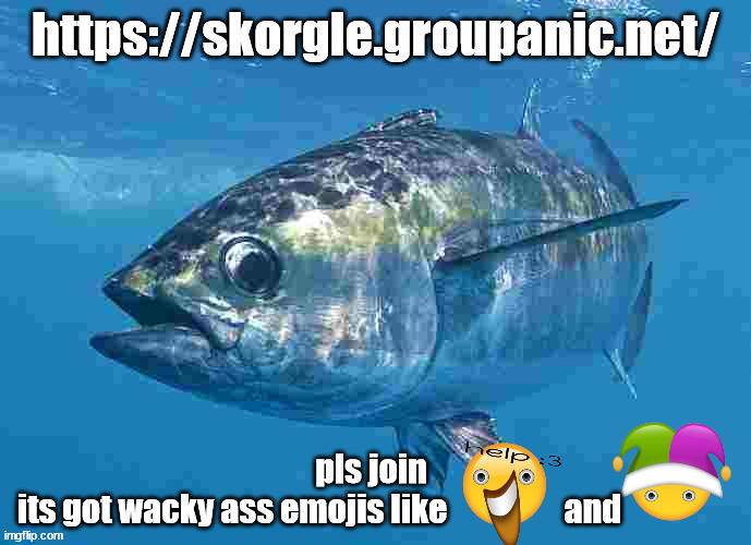 https://skorgle.groupanic.net/ | https://skorgle.groupanic.net/; pls join
its got wacky ass emojis like                  and | image tagged in tuma fibsh | made w/ Imgflip meme maker