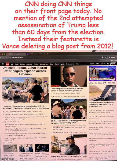 Fake News CNN | CNN doing CNN things on their front page today. No mention of the 2nd attempted assassination of Trump less than 60 days from the election. Instead their featurette is Vance deleting a blog post from 2012! | image tagged in fake news cnn | made w/ Imgflip meme maker