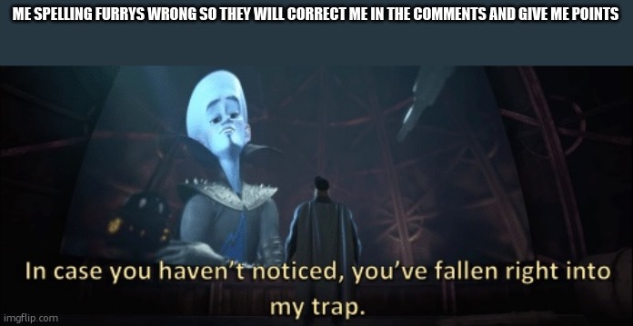 In case you haven’t noticed, you have fallen right into my trap | ME SPELLING FURRYS WRONG SO THEY WILL CORRECT ME IN THE COMMENTS AND GIVE ME POINTS | image tagged in in case you haven t noticed you have fallen right into my trap | made w/ Imgflip meme maker