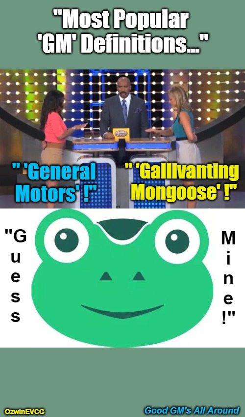 Good GM's All Around | "Most Popular 

'GM' Definitions..."; " 'General 

Motors' !"; " 'Gallivanting 

Mongoose' !"; "G

u

e

s

s; M

i

n

e

!"; Good GM's All Around; OzwinEVCG | image tagged in gab,social media,good morning,acronyms,definitions,family feud | made w/ Imgflip meme maker