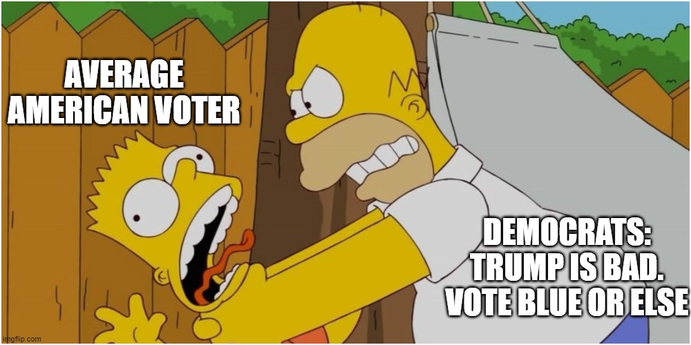 Democrats Know Whats best | AVERAGE AMERICAN VOTER; DEMOCRATS: TRUMP IS BAD. VOTE BLUE OR ELSE | image tagged in simpsons,politics | made w/ Imgflip meme maker